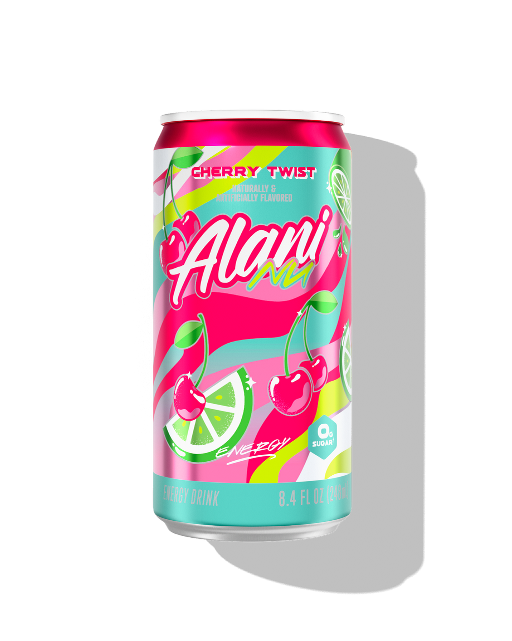 The front view of a sugar-free 8.4oz can of Cherry Twist Alani Nu Mini Energy, naturally and artificially flavored.