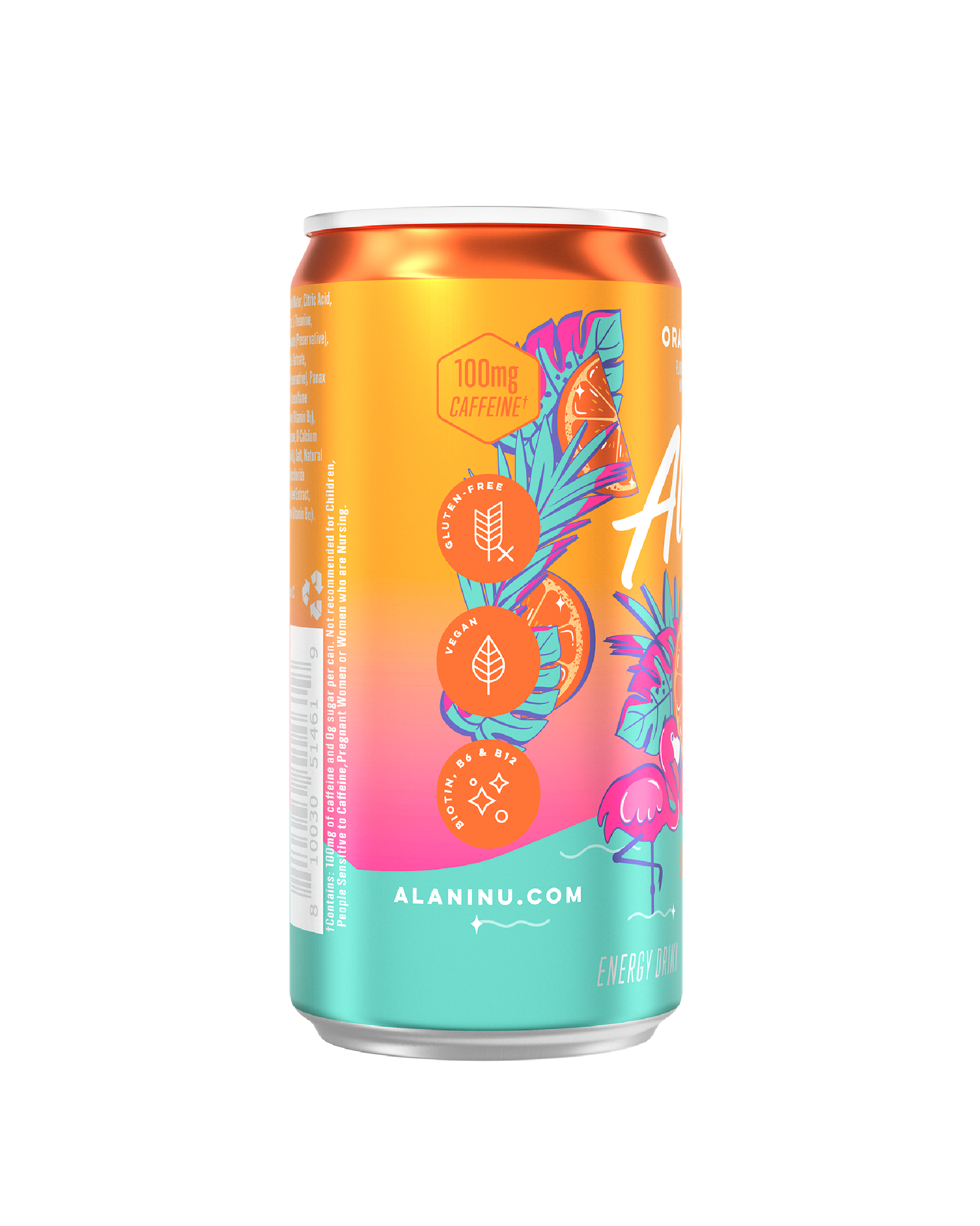 The side view of an Orange Kiss Mini Energy can, gluten-free, vegan, and made with B vitamins and 100mg of caffeine.