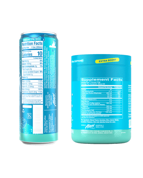 The back views of two Blue Slush products—an Energy Drink 12-Pack and a 30-Serve tub of Pre-Workout+.