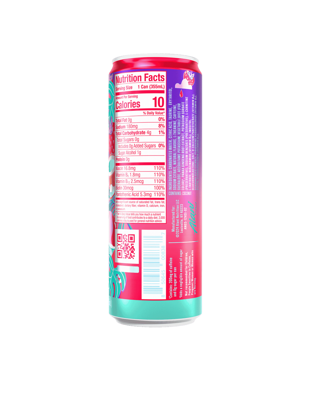 The back view of an Alani Nu Hawaiian Shaved Ice Energy Drink can, highlighting nutrition facts.​