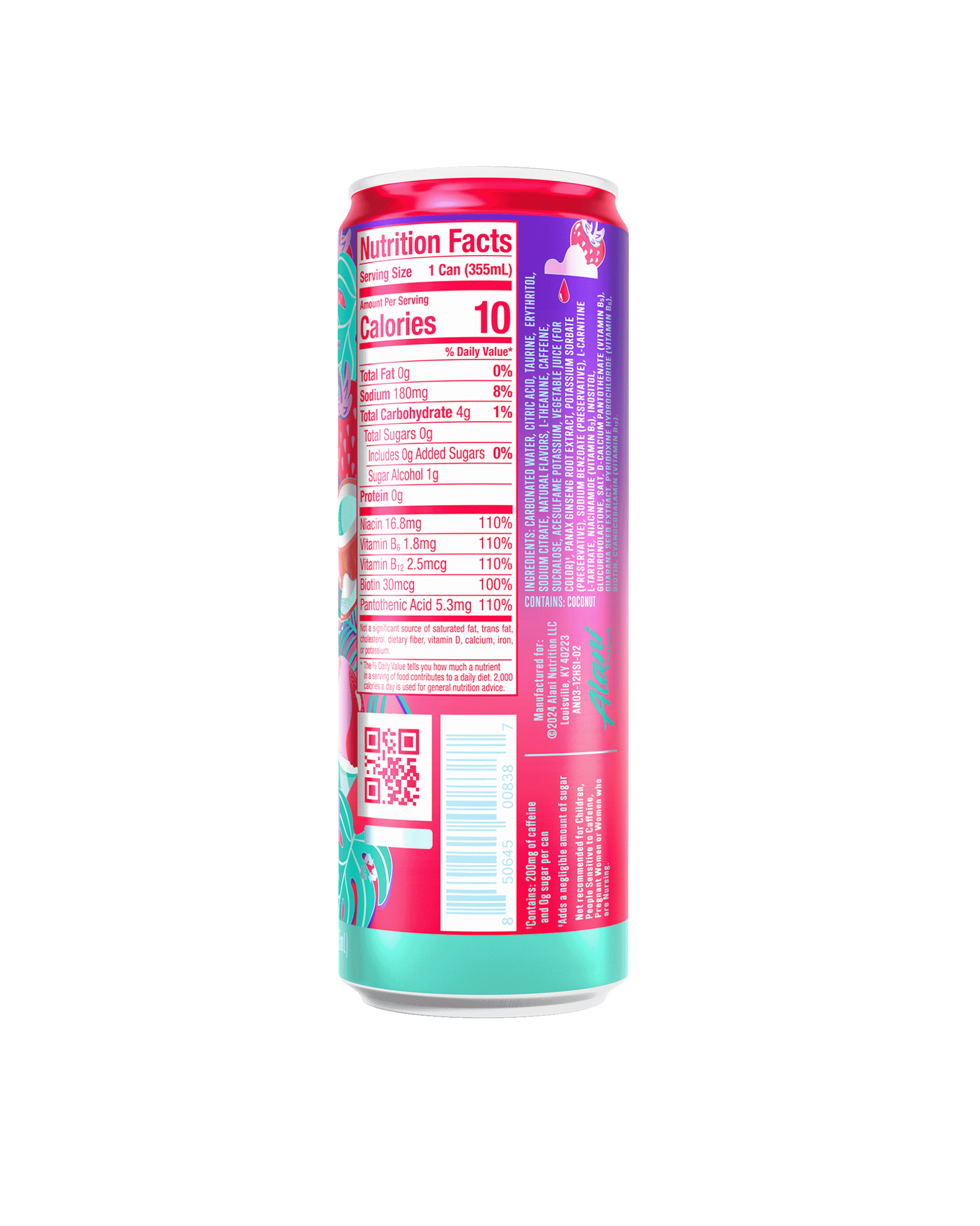 The back view of an Alani Nu Hawaiian Shaved Ice Energy Drink can, highlighting nutrition facts.​