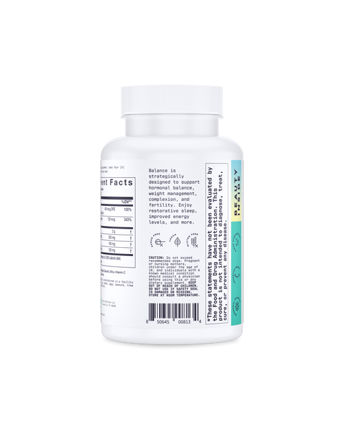 A side view of Balance Capsules showcasing ingredient details.